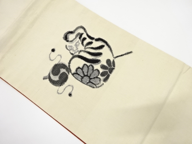 JAPANESE KIMONO / ANTIQUE FUKURO OBI / WOVEN DARUMA